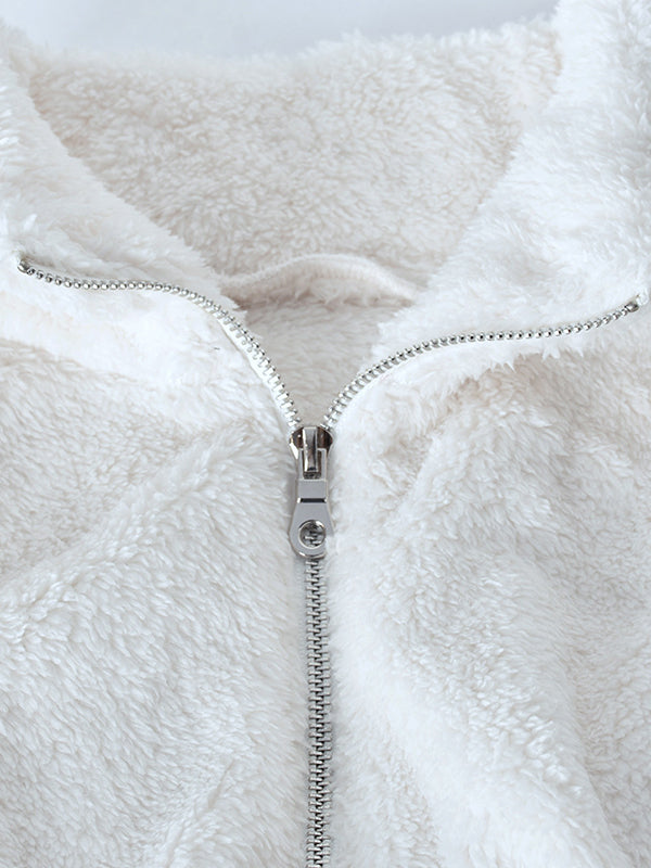 Elasticity Split-Joint Velvet Zipper Long Sleeves Loose Stand Collar Sweatershirt