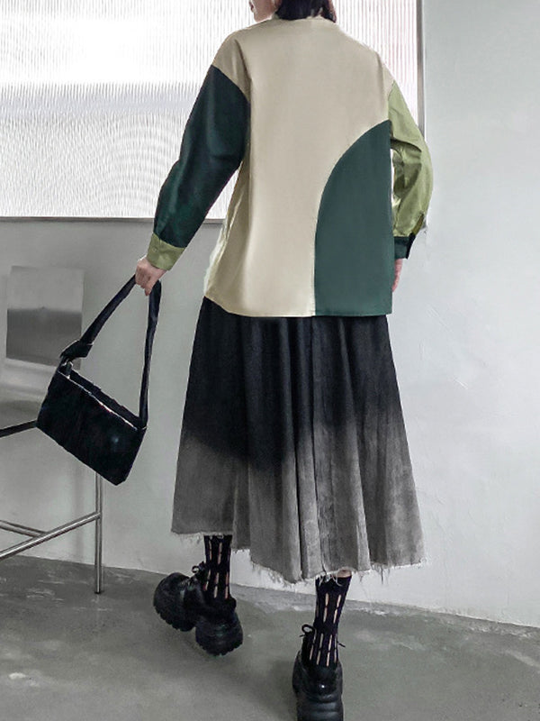Asymmetric Buttoned Contrast Color Long Sleeves Loose Lapel Blouses&Shirts Tops