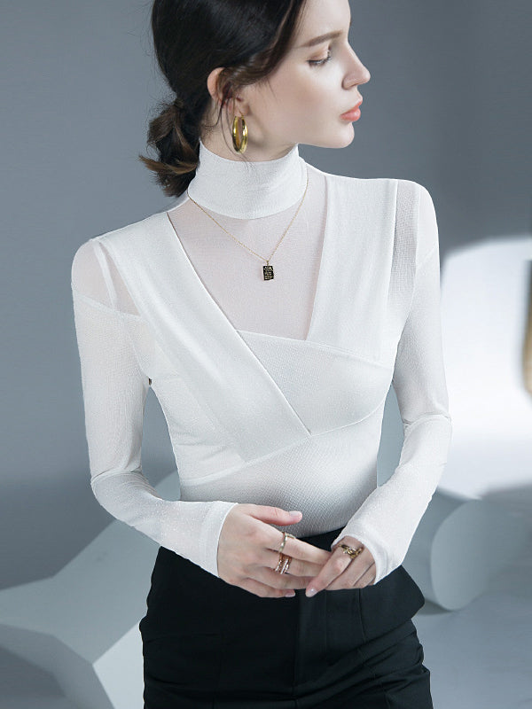 Asymmetric Mesh See-Through Shiny Split-Joint Long Sleeves Skinny Half Turtleneck Blouses&shirts Tops