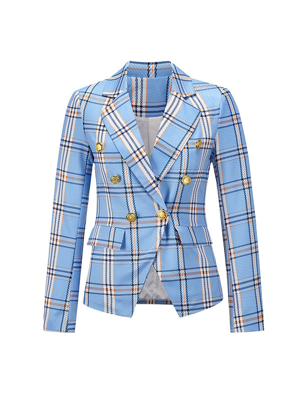 Buttoned Plaid Pockets Long Sleeves Loose Notched Collar Outerwear Blazer