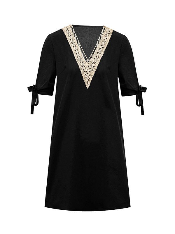 Hollow Split-Joint Half Sleeves Loose V-Neck Mini Dresses