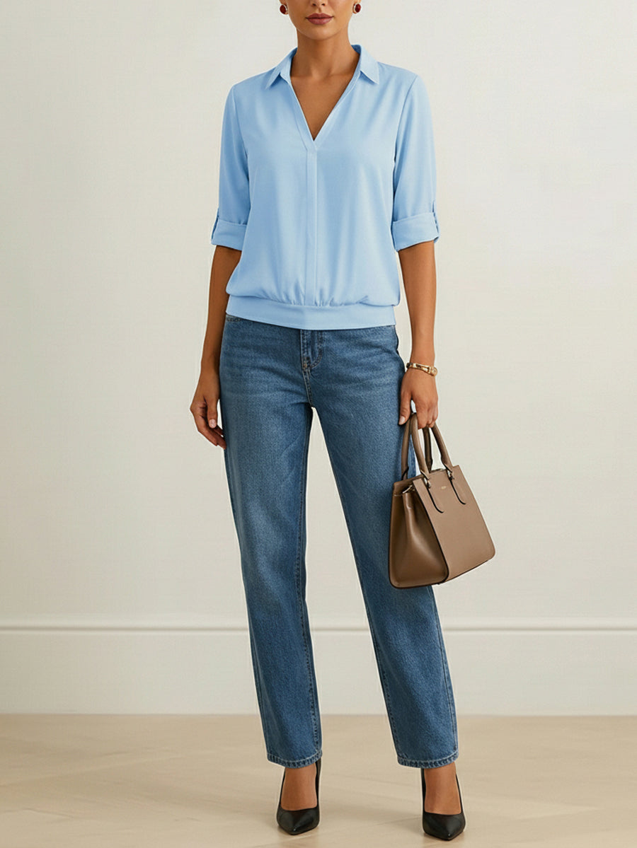 Solid Color Split-Joint Half Sleeves Lapel Blouses&shirts Tops