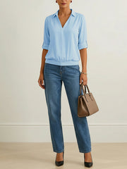 Solid Color Split-Joint Half Sleeves Lapel Blouses&shirts Tops
