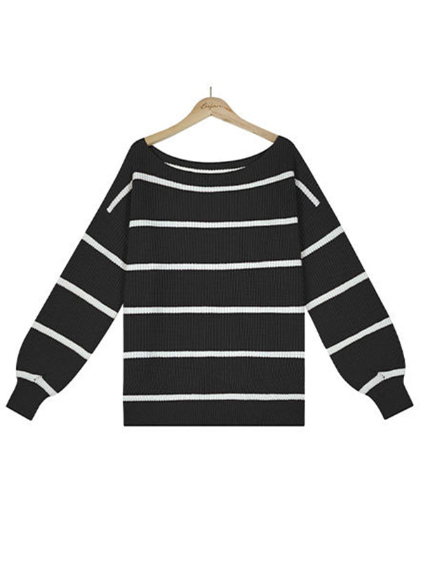 Long Sleeves Striped Off-The-Shoulder Sweater Tops