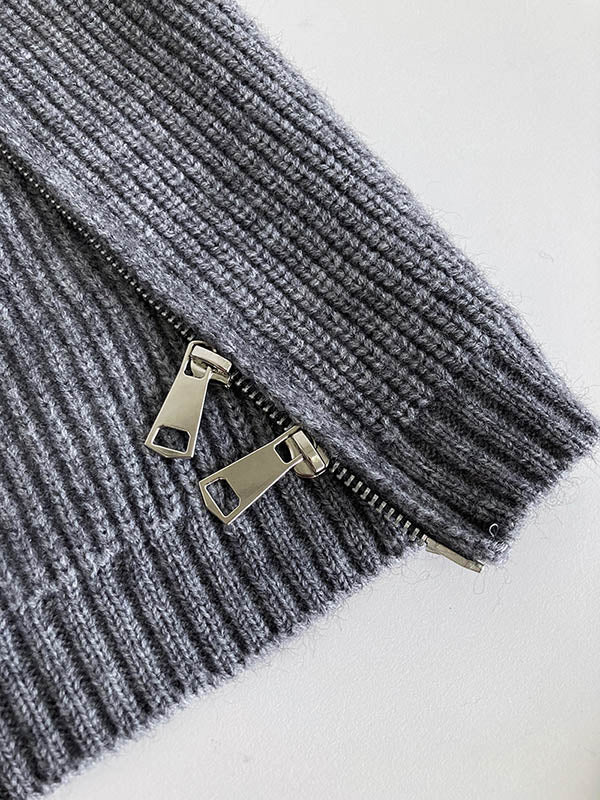 Split-Joint Split-Side Zipper Long Sleeves Loose High Neck Sweater Tops