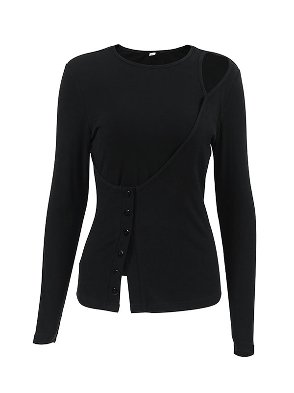 Asymmetric Buttoned Hollow Solid Color Split-Joint False Two Long Sleeves Round-Neck T-Shirts Tops