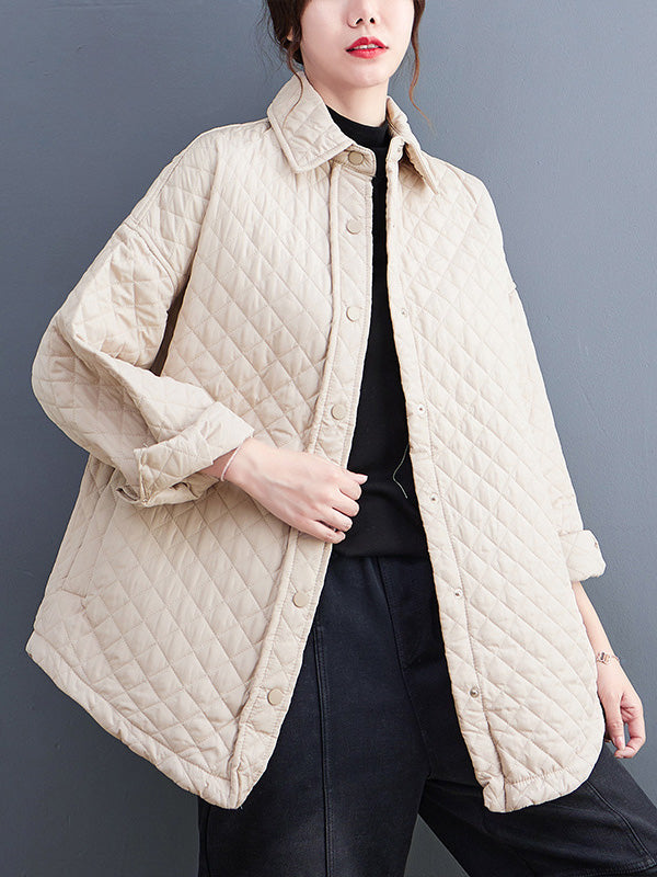 Loose Long Sleeves Buttoned Solid Color Lapel Collar Padded Outerwear