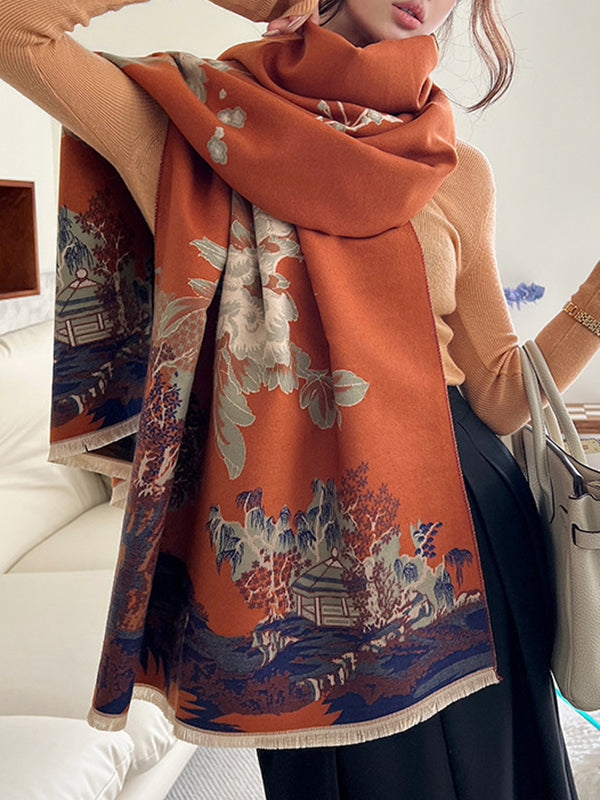 Floral Printed Tasseled Shawl&Scarf