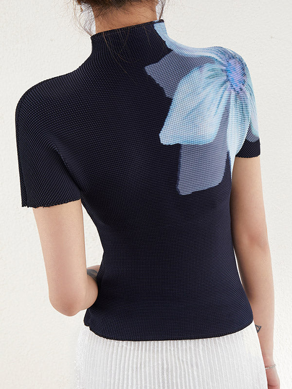 Flower Print Pleated Short Sleeves Mock Neck T-Shirts Tops