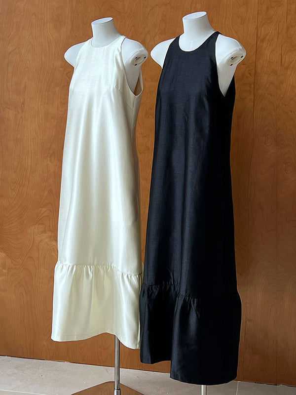 Pleated Solid Color Split-Joint Loose Sleeveless Round-Neck Maxi Dresses