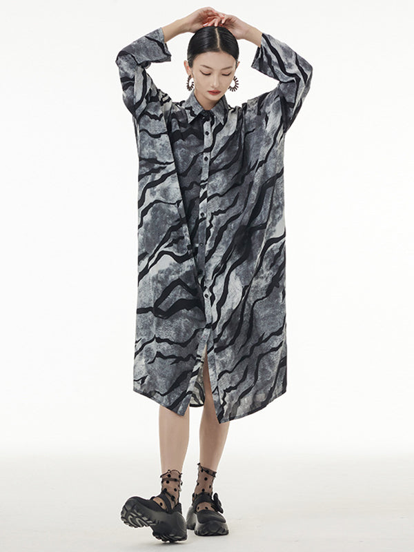 Original Creation Long Sleeves Buttoned Printed Lapel Midi Dresses