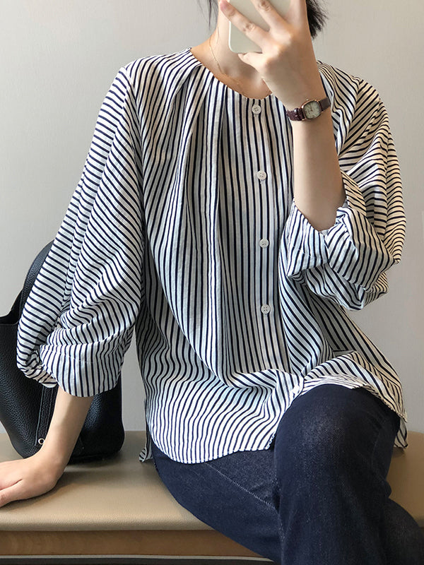 Trendy Tops Three-Quarter Sleeves Batwing Sleeves Striped Round-Neck Blouses