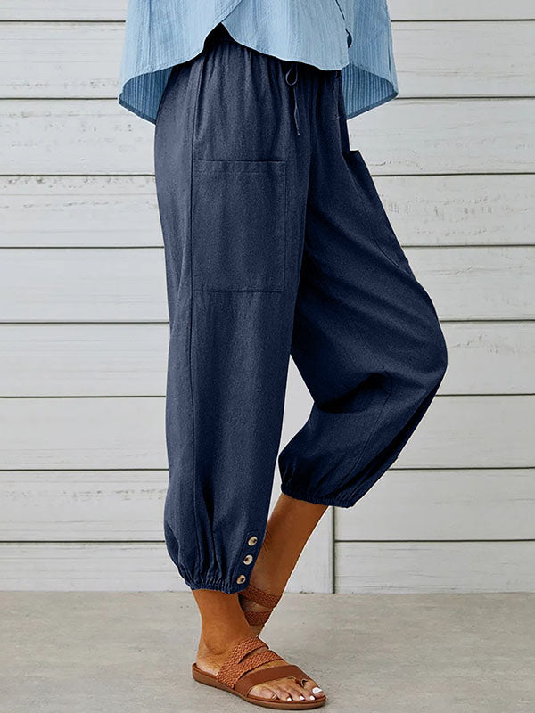 Buttoned Drawstring Elasticity Pockets Split-Joint High Waisted Loose Trousers Ninth Pants