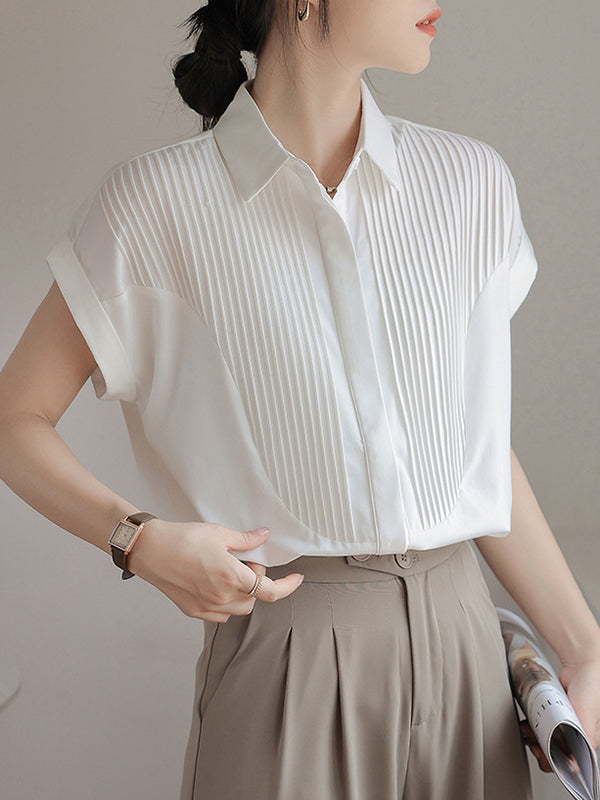 Buttoned Pleated Solid Color Split-Joint Loose Short Sleeves Lapel Blouses&Shirts Tops