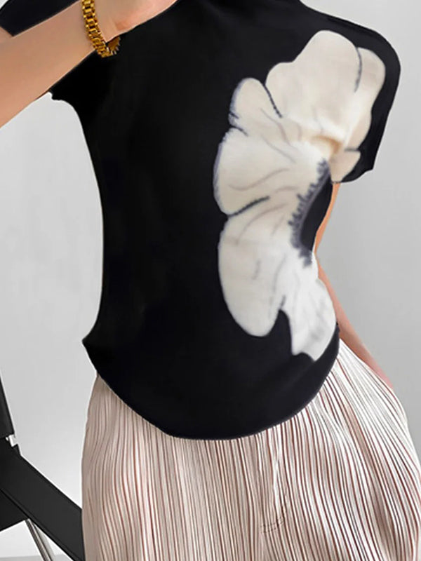 Flower Print Short Sleeves Skinny High Neck T-Shirts Tops