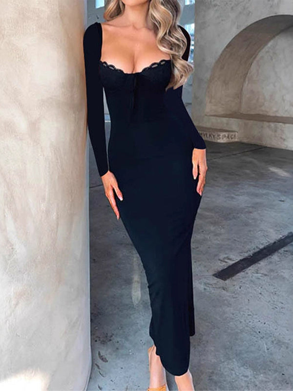 Bow-Embellished Solid Color Split-Joint Tied Bodycon High Waisted Square-Neck Maxi Dresses