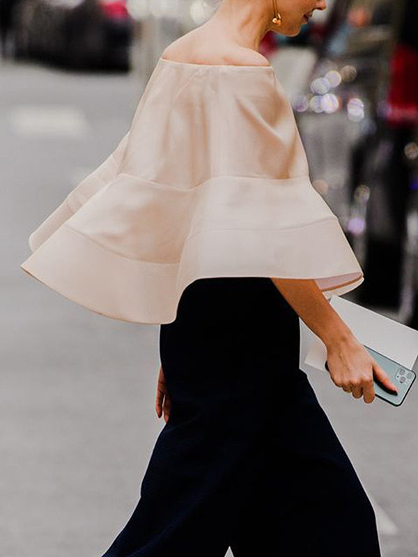 Solid Color Split-Joint Loose Off-The-Shoulder Blouses&Shirts Tops