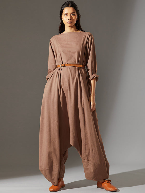 Casual Loose Long Sleeves Solid Color Boat Neck Jumpsuits