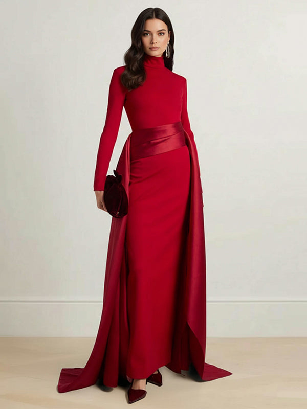Bodycon Elasticated Waist Asymmetric Solid Color Split-Joint High Neck Maxi Dresses