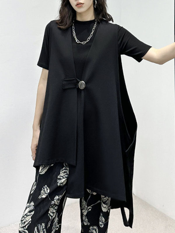 Buttoned High-Low Loose V-Neck Vest Outerwear