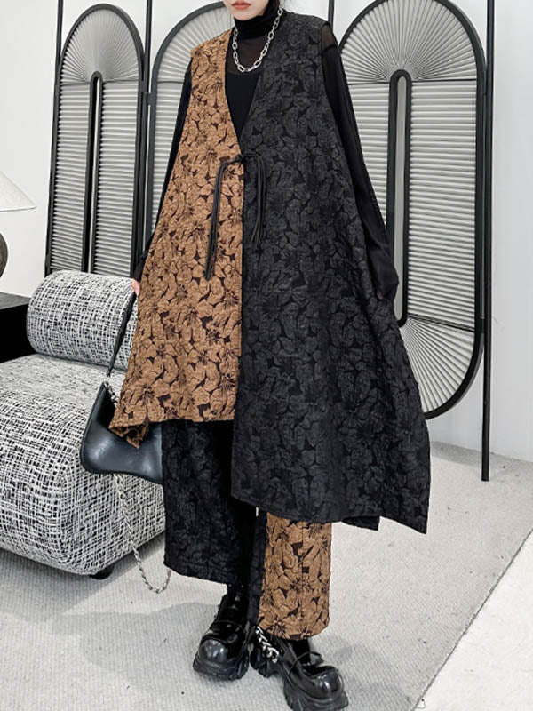 Jacquard A-Line High-Low Asymmetric Contrast Color Vest Top + Elasticity Pants Bottom Two Pieces Set