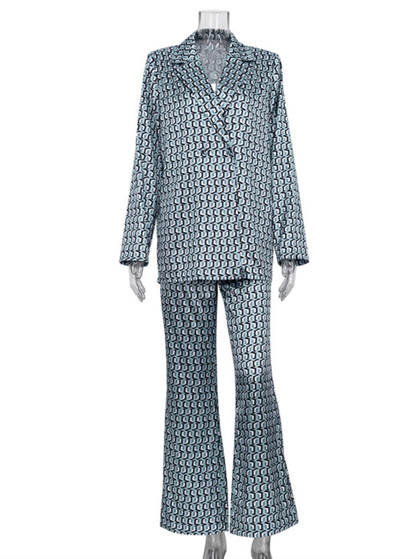 Printed Long Sleeves Lapel Outwear Top + Flared Trousers Bottom Two Pieces Set
