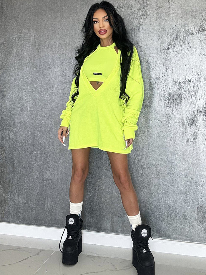 Loose Solid Color Round-neck Mini Dresses & Vest Top Two Pieces Set