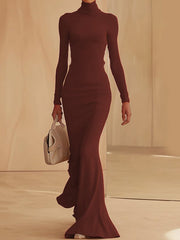 Long Sleeves Skinny Solid Color High Neck Maxi Dresses