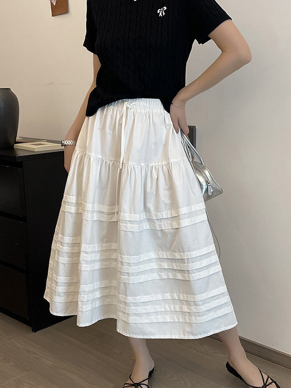 Drawstring Elasticity Pleated See-Through Solid Color Split-Joint A-Line Loose Skirts