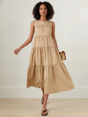 Layered Pleated Solid Color A-Line Loose Round-Neck Midi Dresses