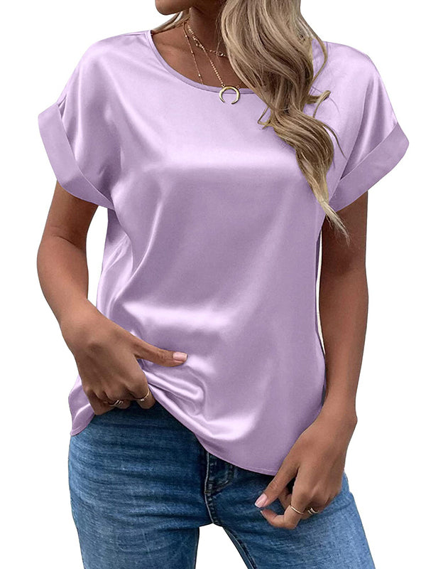 Solid Color Loose Short Sleeves Round-Neck T-Shirts Tops