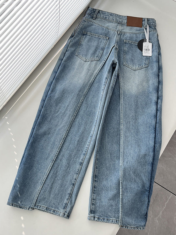 Pockets Reversible False Two Wide Leg Jean Pants Bottoms