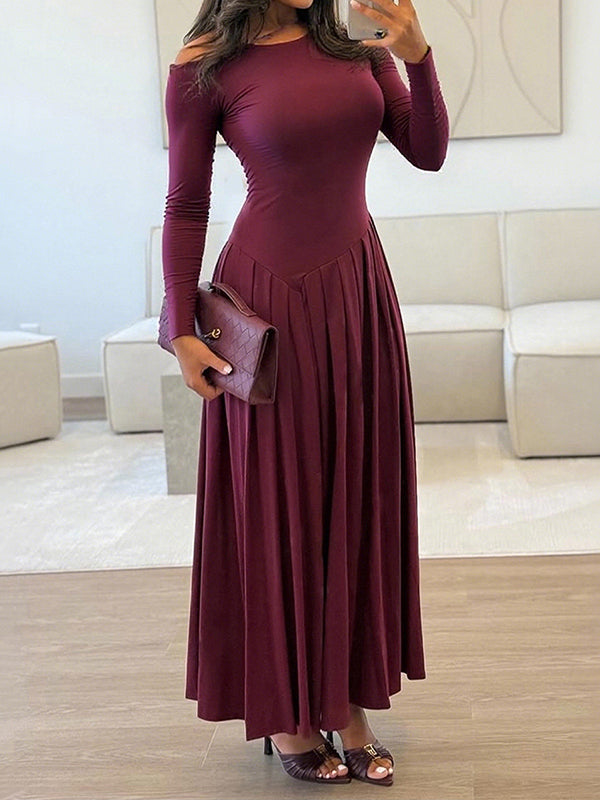 Asymmetric Pleated Solid Color Split-Joint A-Line Bodycon One-Shoulder Maxi Dresses