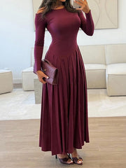 Asymmetric Pleated Solid Color Split-Joint A-Line Bodycon One-Shoulder Maxi Dresses