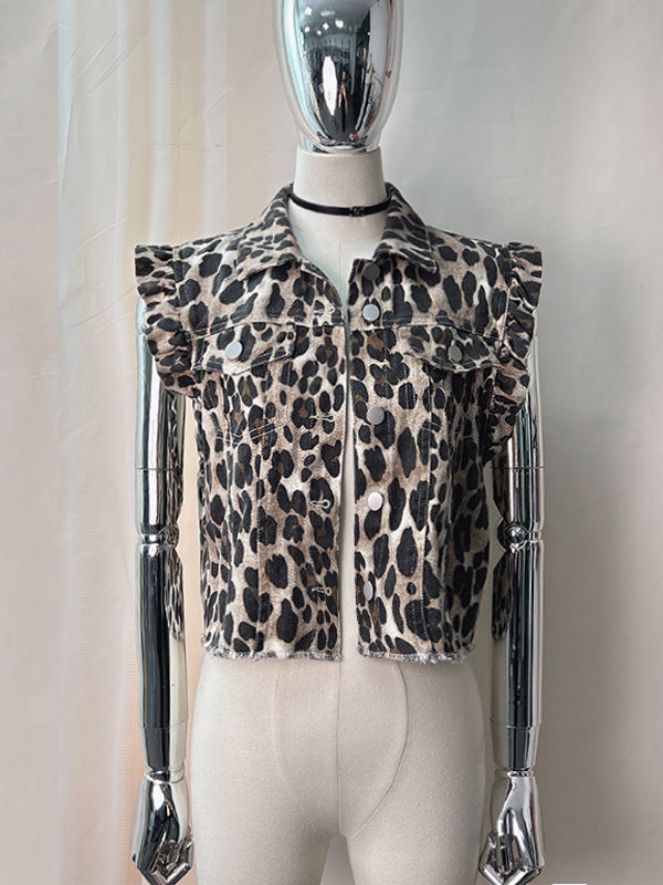Buttoned Leopard Pleated Pockets Ruffled Split-Joint Loose Ruffle Sleeves Lapel Vest Outerwear