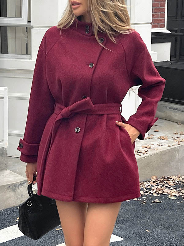 Buttoned Solid Color Split-Joint Tied Waist Long Sleeves Loose Stand Collar Outerwear Coats