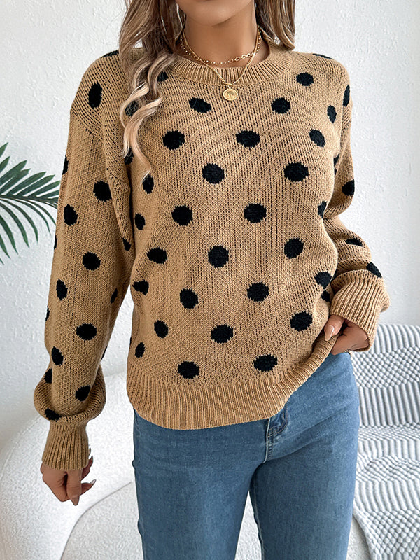 Contrast Color Polka-Dot Long Sleeves Loose Round-Neck Sweater Tops Pullovers