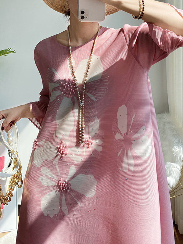 Floral Printed Flared Sleeves Loose Round-neck Midi Dresses