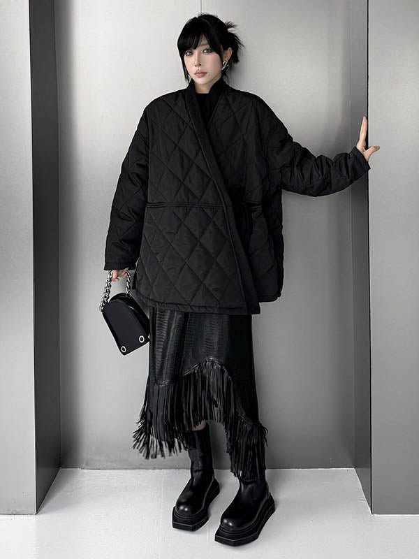 Plaid Quilted Solid Color Split-Joint Tied Long Sleeves Loose Collarless Padded Coat Outerwear