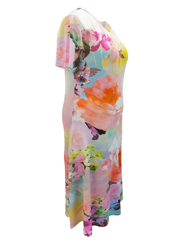Floral Printed Short Sleeves Round-neck Midi Dresses