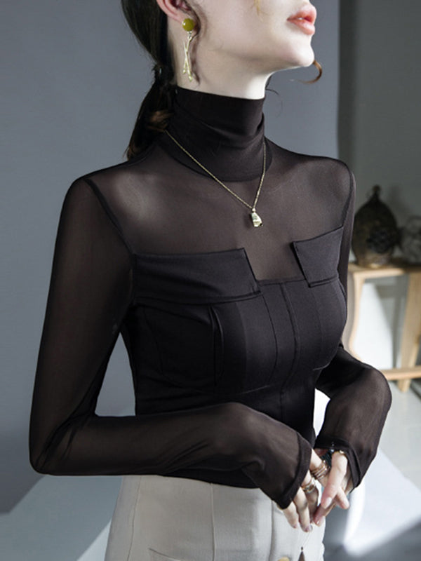 See-Through Solid Color Split-Joint Long Sleeves Skinny High Neck Blouses&Shirts Tops