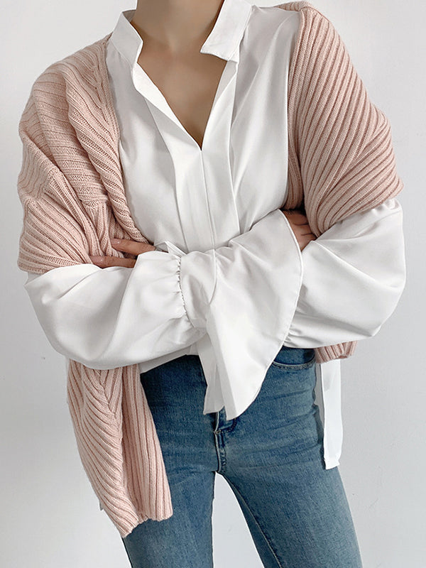 Buttoned Solid Color Split-Side Flared Sleeves High-Low V-Neck Blouses&Shirts Tops