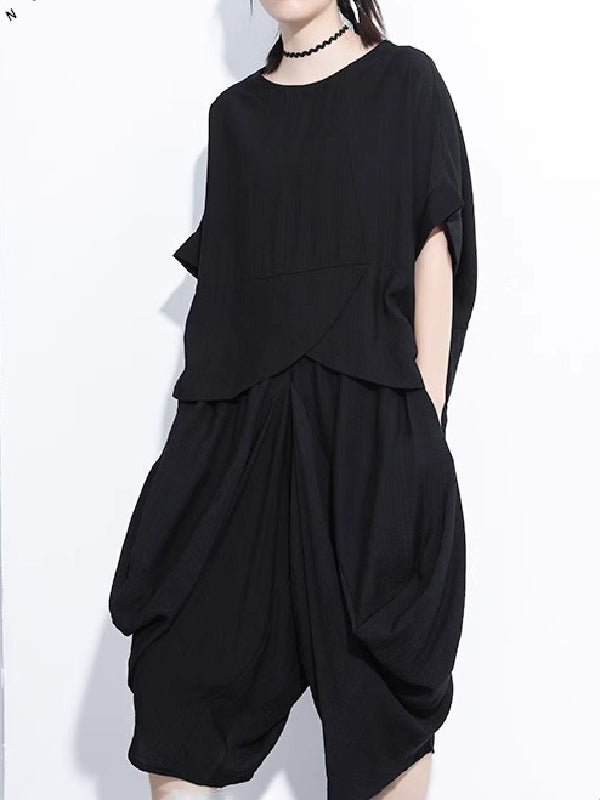 Loose Solid Color Round-Neck Short Sleeves  Tops+ Elasticity Pleated Cropped Pants Two Pieces Set