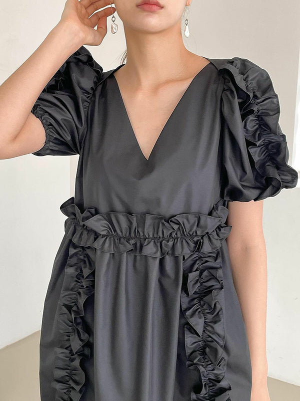 Ruffle Trim Split-Joint A-Line Loose V-Neck Mini Dresses