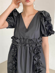 Ruffle Trim Split-Joint A-Line Loose V-Neck Mini Dresses