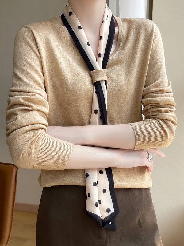 Polka-Dot Ribbon Long Sleeves Loose V-Neck Sweater Tops Pullovers