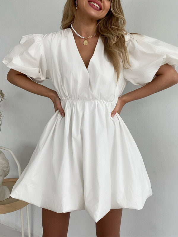 Pleated Solid Color Split-Joint Loose Puff Sleeves V-Neck Mini Dresses