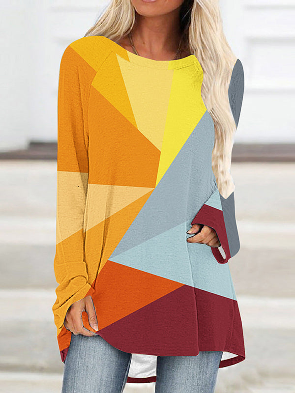 Plaid Printed High-low Long Sleeves Round-neck T-Shirts Tops