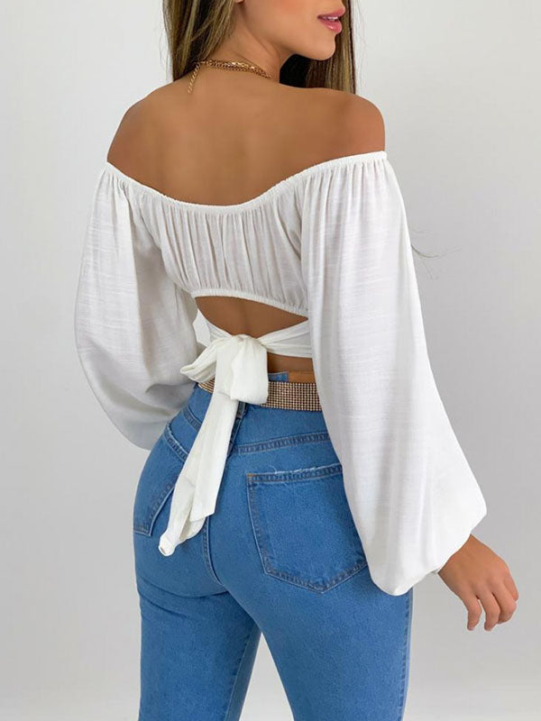 Elasticity Pleated Solid Color Long Sleeves Loose Off-the-shoulder Blouses