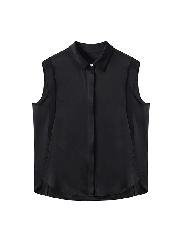 Buttoned Solid Color Split-Joint Loose Sleeveless Lapel Blouses&Shirts Tops
